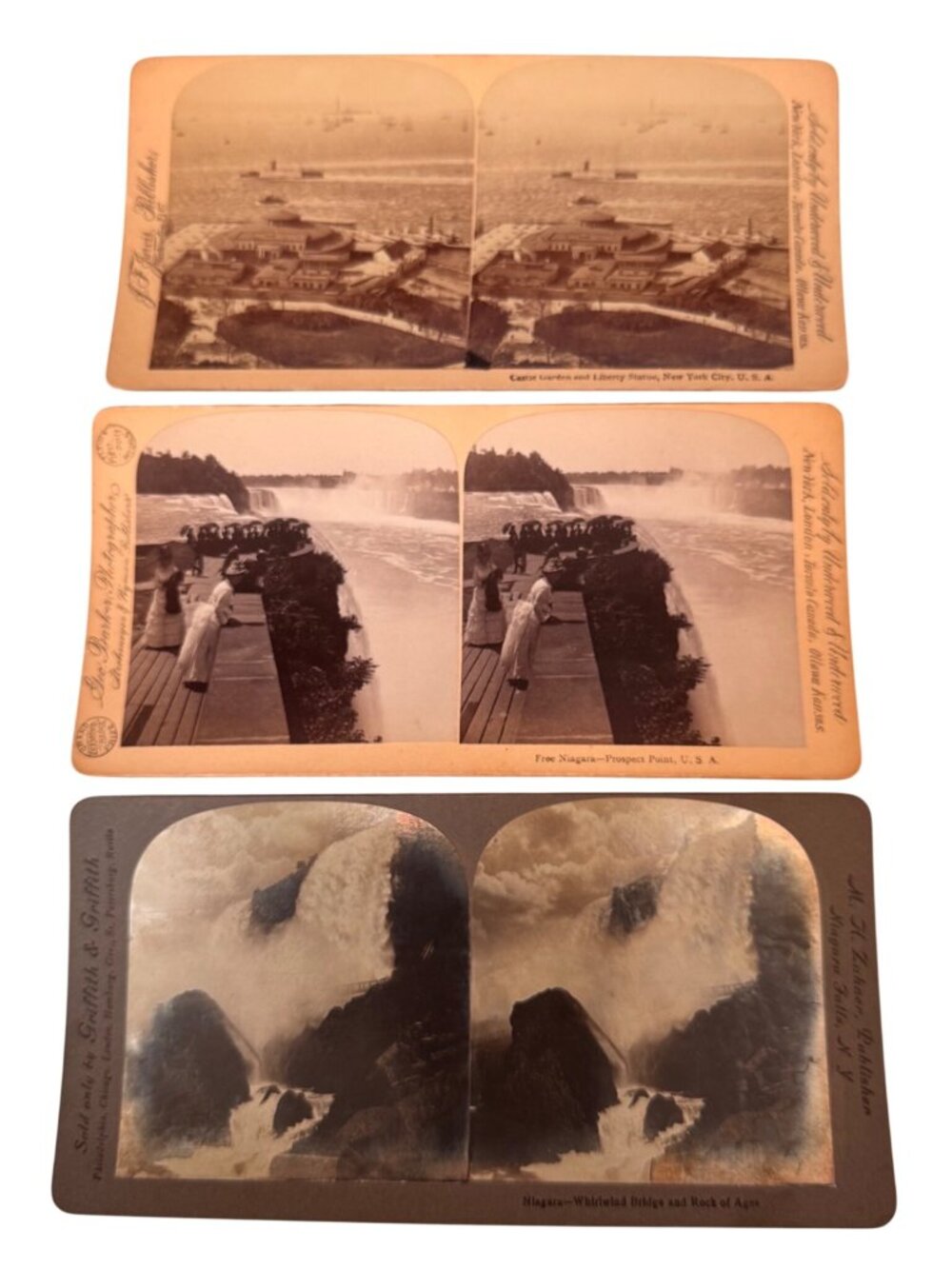 3 Stereoviews Castle Garden Niagara Falls Prospect Point Whirlwind USA Antique